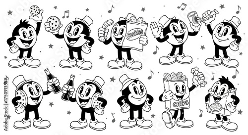 A collection of cartoon characters holding various food and drink items, smiling.