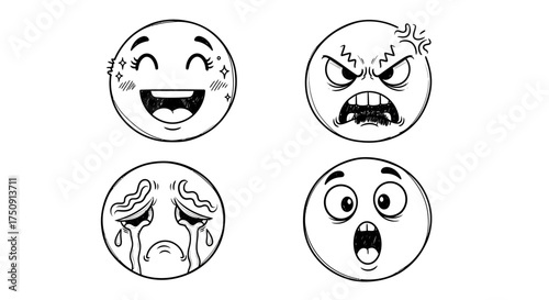 A monochrome illustration depicting four different facial expressions, each representing a distinct emotion.