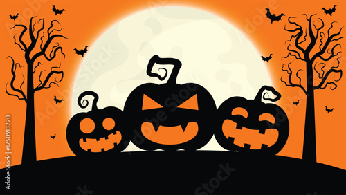 Scary Wallpaper Background Of Dead Tree And Pumpkins On Full Moon Halloween Night