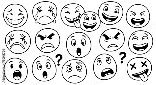 A collection of various cartoon emojis displaying different emotional expressions.