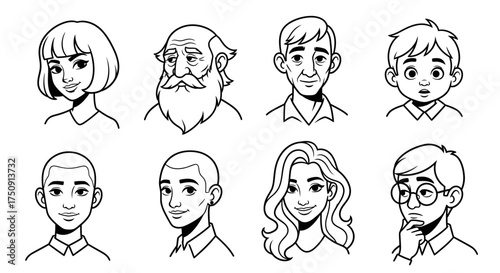 Line art illustration of diverse faces, including a child, young adults, and an elderly man with a beard.
