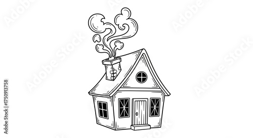 A cartoon house with smoke coming from the chimney, drawn in black and white.