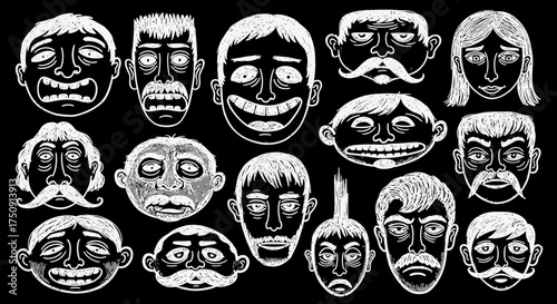 A collection of stylized, expressive faces with various emotions displayed against a black background.