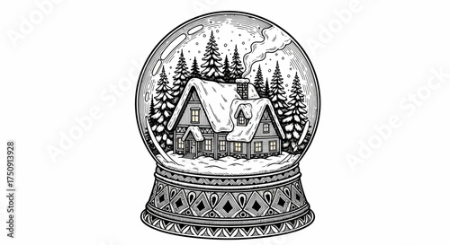 Snow globe illustration featuring a cozy house nestled among snow-covered evergreen trees, with falling snow inside.