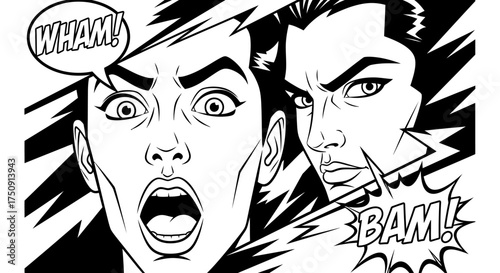 Comic book style illustration of a woman yelling "WHAM!" with a man looking intensely in the background, "BAM!" sound effect.