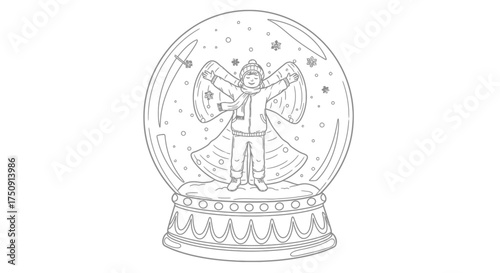 A child making a snow angel inside a decorative snow globe, with snowflakes.