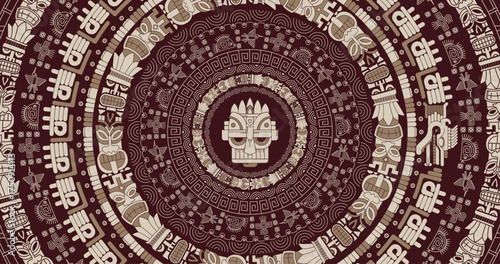 Ancient Mayan Calendar. Abstract design with an ancient Mayan ornament. Images of characters of ancient American Indians.The Aztecs, Mayans, Incas. The Mayan alphabet.