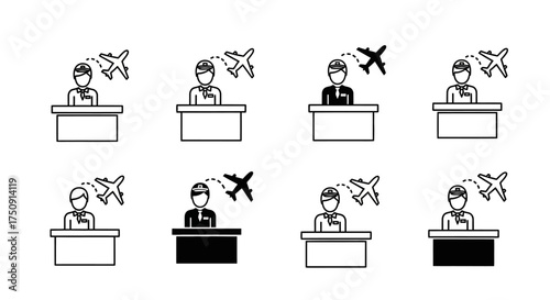 Illustrations of airport staff behind desks with airplanes taking off.