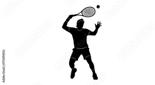 Silhouette of a tennis player hitting a ball with a racket. The player is in motion.