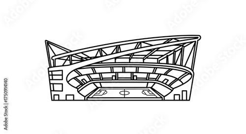 Outlined illustration of a stadium with a distinctive roof structure, showcasing its architectural design.