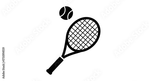 A black and white illustration of a tennis racket and ball in action.