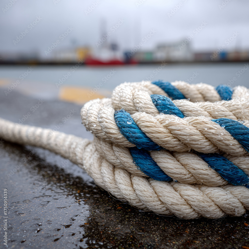 Fototapeta premium Coiled rope on wet dock with blurred harbor background.