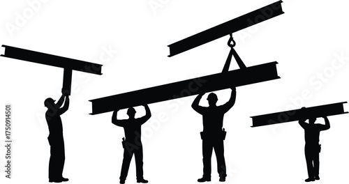 Construction workers lifting steel beams, teamwork in silhouette, heavy labor, industrial site, crane operation, structural assembly, black vector illustration, safety gear