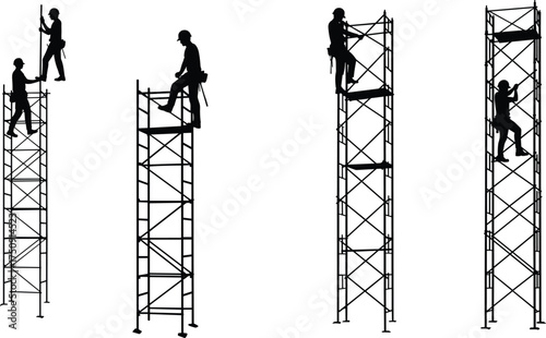 Construction workers climbing scaffolding, teamwork at height, industrial safety, building site silhouettes, labor force, structural engineering, urban development, occupational hazard