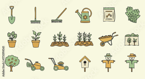 A collection of illustrated gardening tools, plants, and outdoor elements, perfect for landscaping and horticultural projects.