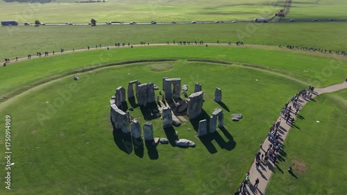 Drone view of Stonehenge and Wiltshire Countryside in England, UK. The stone circle dates to 3000 BC and is one of the best known ancient wonders of the world and UNESCO World Heritage Site.