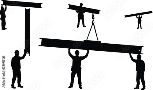 Construction workers lifting steel beams, teamwork on building site, industrial labor silhouettes, crane operation, structural assembly, safety, engineering, architecture