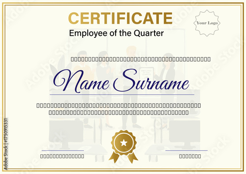Certificate for Employee of the Quarter recognition. Gold and white design with ribbon icon, logo placeholder, and signature lines. Ideal for HR and corporate awards. Editable A4 size.
