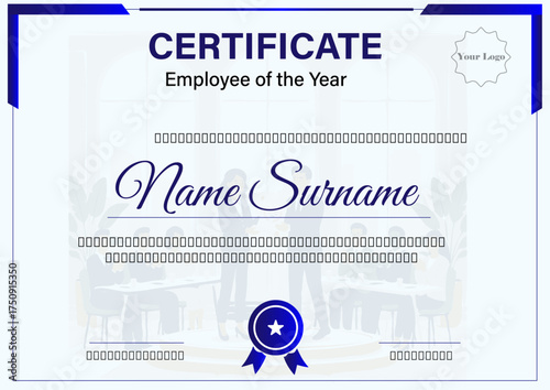 Certificate for Employee of the Year recognition. Blue and white design with ribbon icon, logo placeholder, and signature lines. Ideal for HR and annual awards. Editable A4 size.
