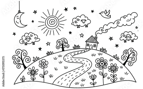 Hand Drawn Doodle Countryside Landscape Vector Illustration. Black Outline Sketch of House on Hill, Winding Road, Sun, and Flowers. Cute Graphic Design for Kids, Nature, and Simple Scenery.