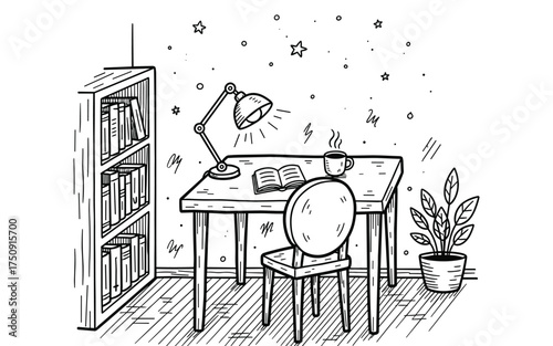 Hand Drawn Doodle Study Room Interior Vector Illustration. Black and White Sketch of Desk, Chair, Bookshelf, and Lamp. Concept for Education, Home Office, Student Life, and Learning.

