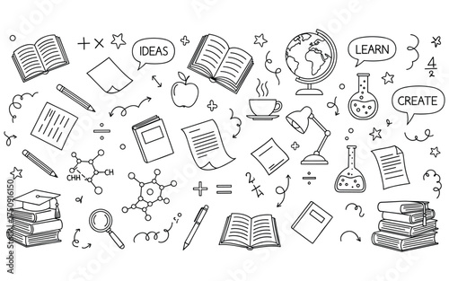 Hand Drawn Doodle Education and Learning Vector Background. Outline Sketch Pattern with Books, Globe, Science Flasks, Coffee, and Idea Icons. Concept for School, University, and Study.