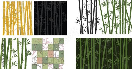 Set of bamboo forest illustrations in different colors and styles, seamless patterns and vector backgrounds for decorative nature design elements.
