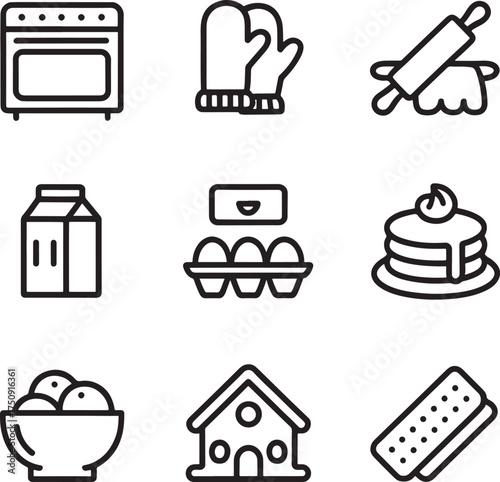Baking and Cooking Icons Set With Stove Oven Mitts Rolling Pin Eggs And Pancakes Keywords: baking