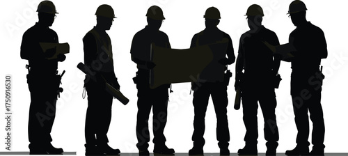 Construction workers silhouette, teamwork in engineering, hard hats, blueprint discussion, industrial labor, site planning, professional crew, architecture, collaboration, safety
