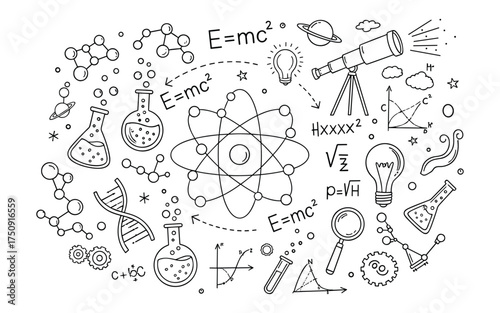 Hand Drawn Science Doodle Pattern Background. Black and White Sketch Vector with Atom, DNA, Telescope, and Chemistry Lab Equipment. Concept for Education, Research, and Innovation.

