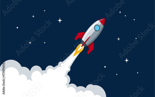 Flat Vector Illustration of a Rocket Launching into Space at Night. Modern Startup and Business Growth Concept with Stars and Smoke. Graphic Design for Technology, Innovation, and Success.