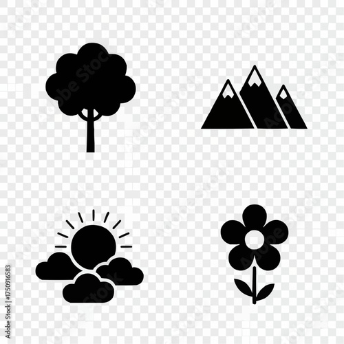 Set Ikon Siluet Alam Vektor Simpel, Pohon Gunung Matahari Awan Bunga, Desain UI/UX Lingkungan Hidup, Ekologi Outdoor,