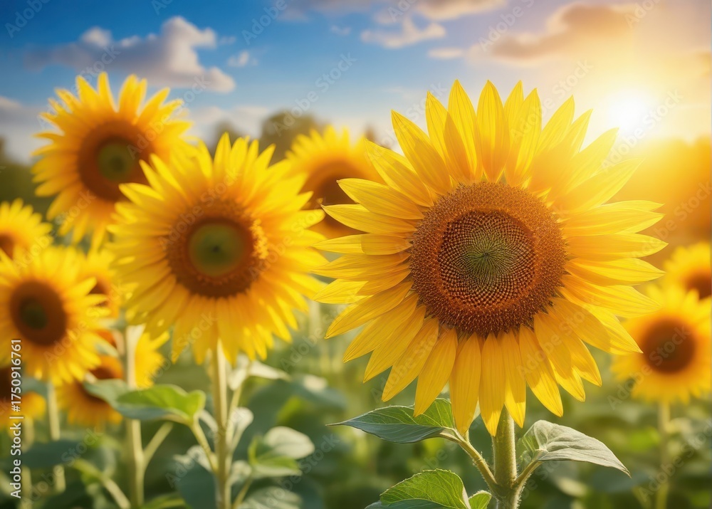 Fototapeta premium Bright yellow sunflowers swaying gently in the warm summer breeze