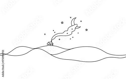 Minimalist Hand Drawn Winter Landscape Vector Illustration. Simple Line Art Sketch of Small House on Snowy Hills with Crescent Moon and Stars. Concept for Christmas, Cozy Night, and Dreamy Scenery.
