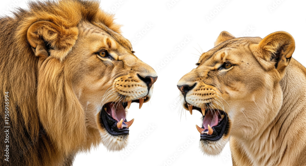 Obraz premium Two lions roaring isolated on transparent background