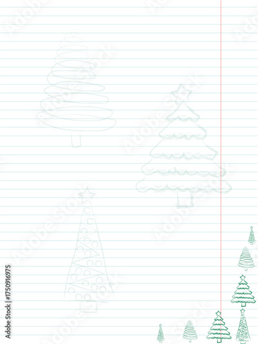 A lined sheet of Christmas trees with child-style doodles in the margins.