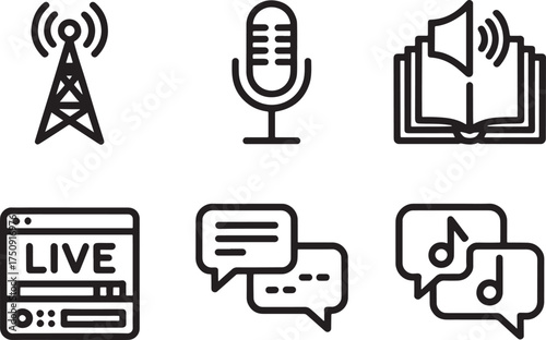 Communication and Media Icons Set with Radio Tower Microphone and Book vector illustration