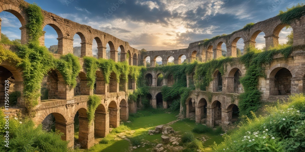 Fototapeta premium Ancient Roman Arena Ruins Overgrown with Vines