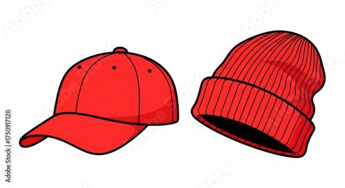 Red baseball cap and beanie isolated on transparent background
