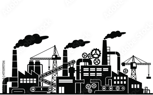 Industrial Factory Building Silhouette Vector. Black and White Illustration of Manufacturing Plant with Chimneys, Cranes, and Gears. Concept for Industry, Energy, Pollution, and Urban Production.