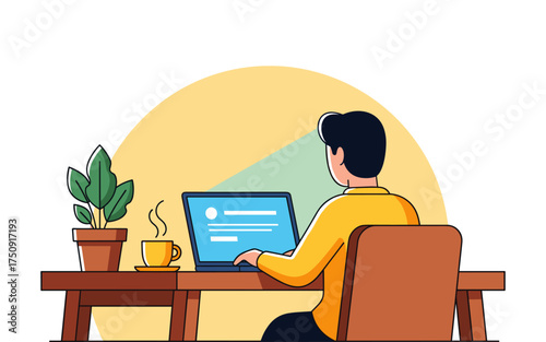 Flat Vector Illustration of Man Working on Laptop at Desk. Concept for Freelance, Remote Work, Online Education, and Home Office. Business Professional Character with Coffee and Plant.