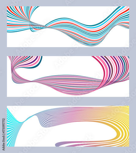 Wavy lines or ribbons. Set of 3 backgrounds. Multicolored striped gradient. Creative unusual background with abstract gradient wave lines to create a trendy banner, poster