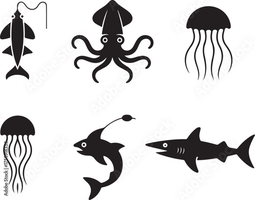 Marine life icons set with squid and shark