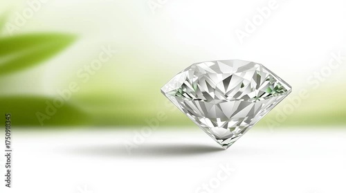 Sparkling Brilliant Cut Diamond on a Green Nature and White Background.
