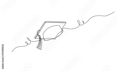 Continuous cap one line art drawing of graduation hat concept outline vector  Continuous one line drawing of graduation cap isolated on white background vector illustration   One continuous line draw