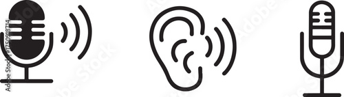 Sound And Audio Icons With Microphones And Ear On White Background Keywords: sound, audio, icons, set