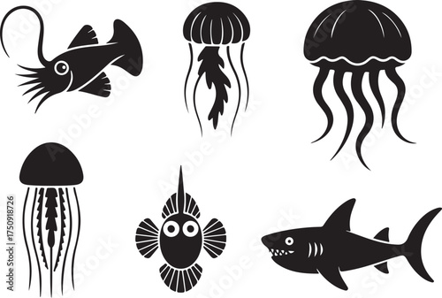 Sea creatures set squid shark jellyfish vector art