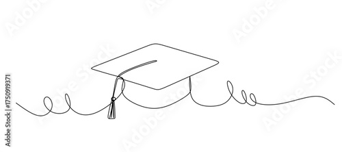 Continuous cap one line art drawing of graduation hat concept outline vector  Continuous one line drawing of graduation cap isolated on white background vector illustration   One continuous line draw