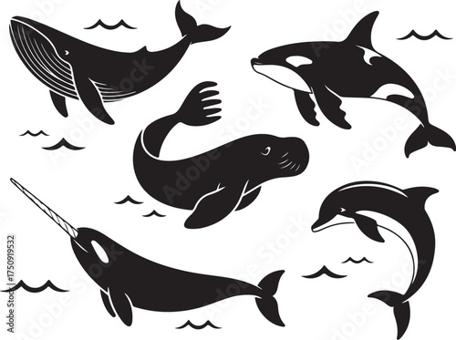 Ocean life set with whales and sea creatures