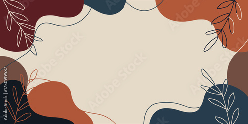 Abstract organic shapes and botanical line art in warm earthy tones create a decorative border